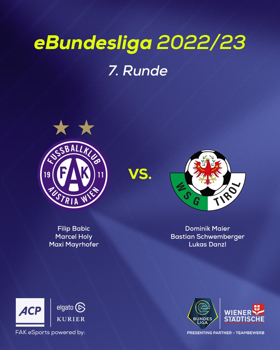 🎮 Wien gegen Tirol auf der Konsole 😎

Für <a href="/FAK_Maxi/">Maxi</a>, <a href="/Juno16x/">Marcel</a> und <a href="/FIFAFICO/">FIFAFico</a> geht es heute Abend im <a href="/eBundesliga_at/">eBundesliga</a>-Teambewerb gegen die WSG Tirol.
Gemma, <a href="/FAK_eSports/">Austria Wien eSports</a>! 💜

💻 Ab 18:30 Uhr gibt's die Highlights bei <a href="/LAOLA1_at/">LAOLA1</a>

#faklive #FAK #eBundesliga