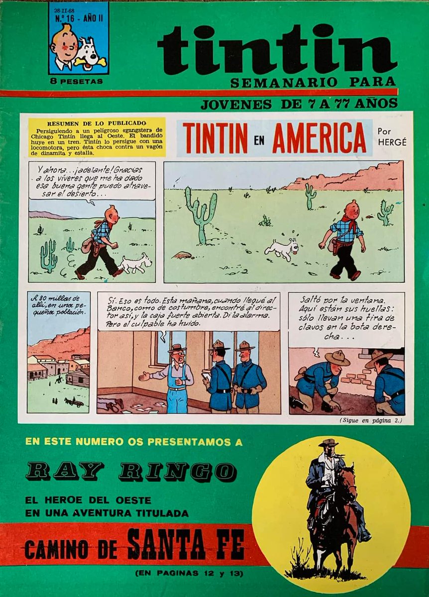 milrayos's tweet photo. #TalDíaComoHoy el 28 febrero de 1968, portada de la revista "Tintín" española, donde era publicada por episodios, por primera vez en España, la aventura americana. #Tintin #comic https://t.co/r45ygtjZgt