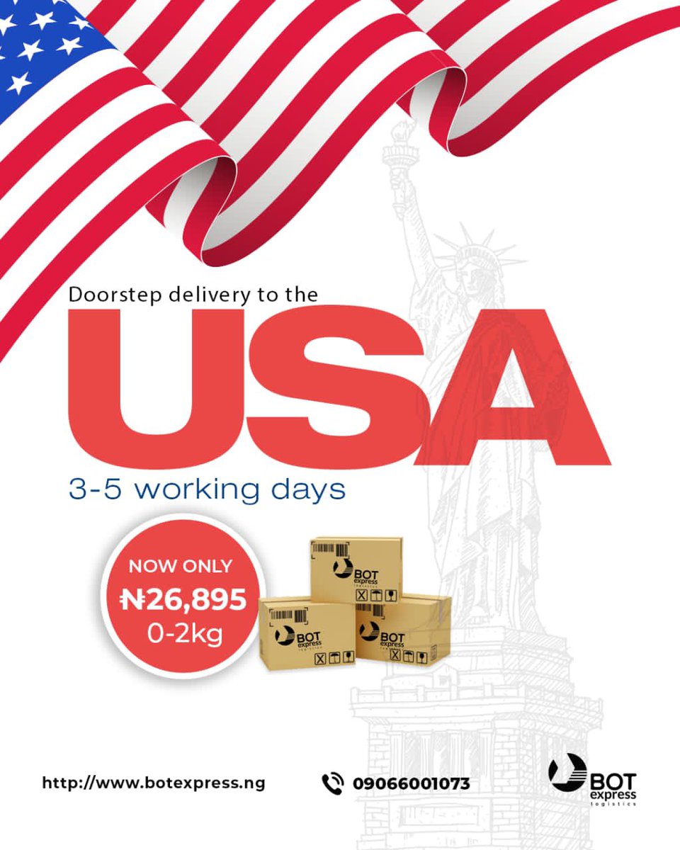 Get your package delivered to your loved one in the US faster and cheaper- no need to wait for 7 working days. 

You can check for rates on www.botexpress

#botexpress #logisticsinlagos #internationalshipping #cargo #ElectionResult #electionresults2023