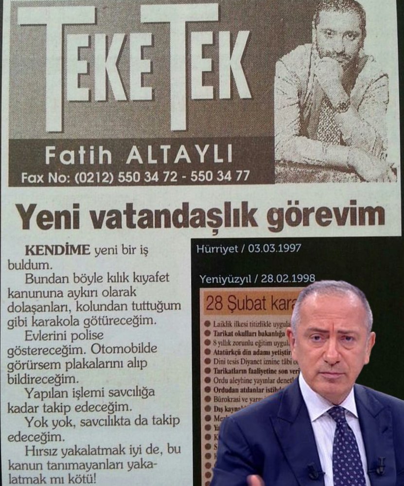 slmhktn's tweet photo. Fatih Altaylı, 28 Şubat döneminde kıyafet kanununa aykırı dolaşanlara (başörtülülere) yapacaklarını böyle listelemiş:

- Kolundan tutup karakola götürmek
- Evlerini fişlemek
- Araç plakalarını bildirmek https://t.co/lhty13dhia