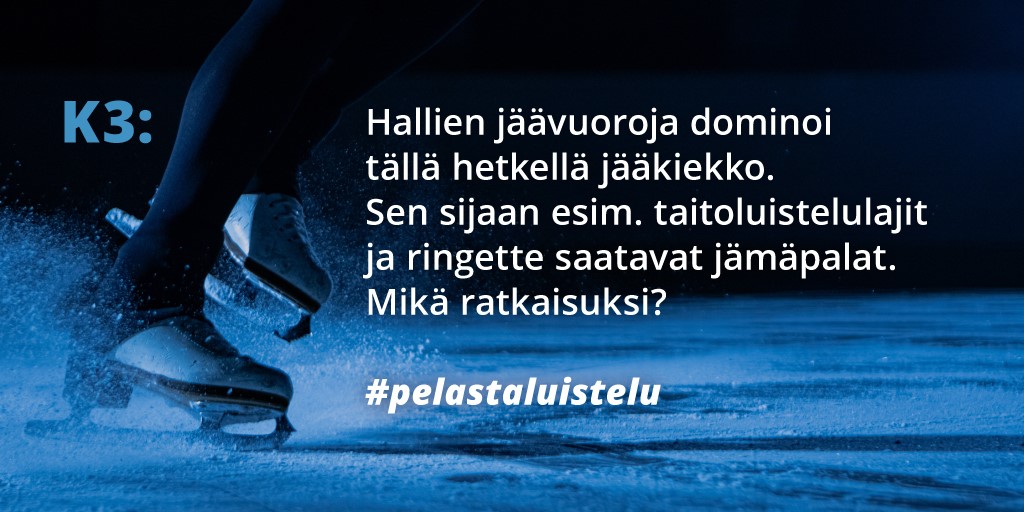 WasaGroupOy's tweet photo. #Pelastaluistelu K3: Hallien jäävuoroja dominoi tällä hetkellä jääkiekko. Sen sijaan esim. taitoluistelulajit ja ringette saatavat jämäpalat. Mikä ratkaisuksi? https://t.co/xhQyGA7vPw