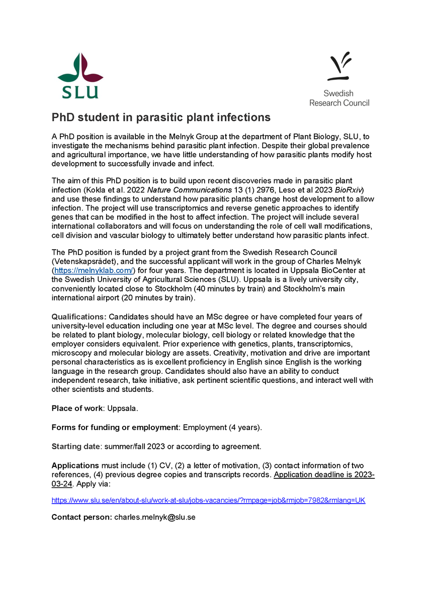 Charles Melnyk (@charlesmelnyk) on Twitter photo A four year PhD position is available in my group @_SLU to study parasitic plant infections and the role of host developmental programs. Start date summer/fall 2023 and funded by <a href="/Vetenskapsradet/">Vetenskapsrådet</a>. Please RT! #PhDposition #parasiticplants
Apply via: slu.se/en/about-slu/w… A four year PhD position is available in my group @_SLU to study parasitic plant infections and the role of host developmental programs. Start date summer/fall 2023 and funded by <a href="/Vetenskapsradet/">Vetenskapsrådet</a>. Please RT! #PhDposition #parasiticplants
Apply via: slu.se/en/about-slu/w…