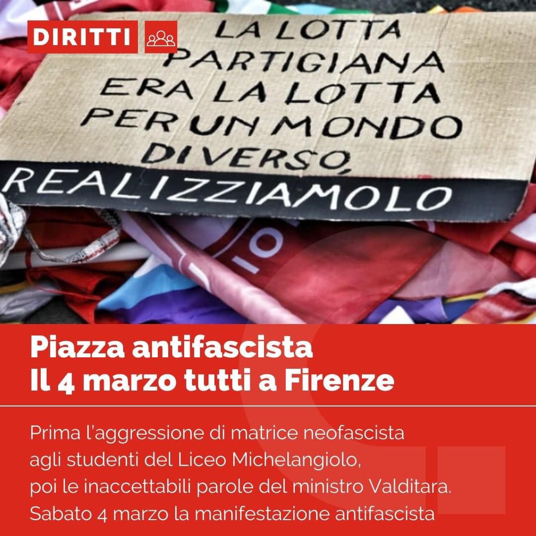 flaicgil's tweet photo. 🟥 IL 4 MARZO A FIRENZE PIAZZA ANTIFASCISTA
Dopo l’aggressione di matrice neofascista agli studenti del Liceo Michelangiolo di Firenze e le inaccettabili parole del ministro Valditara, saremo in piazza per una grande manifestazione https://t.co/wMaTvcqDWg