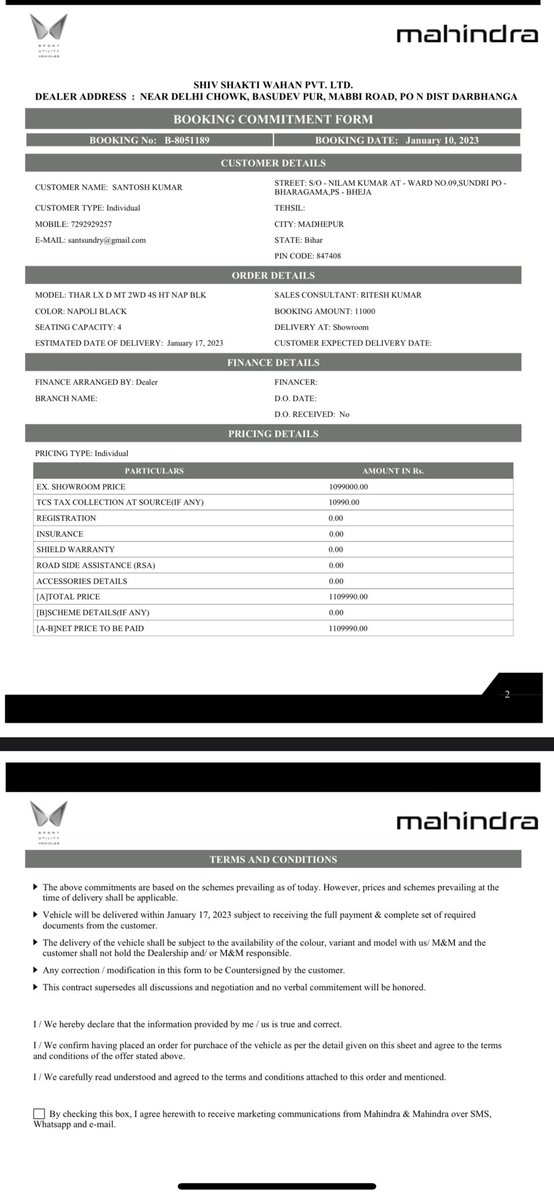 sumansaurabh9j's tweet photo. Dear
Mahindra Promised Delivery Date Of Thar Was 17th Of Jan But There Is Zero Update From https://t.co/ESqC9YCFGH Thar Sold To Diff Customer But Still I Am Waiting.From My Dealership He Says Cancel Your Booking If I Ask Anything.
@anandmahindra @anishshah21 @Mahindra_Auto https://t.co/BGnMmDztu4