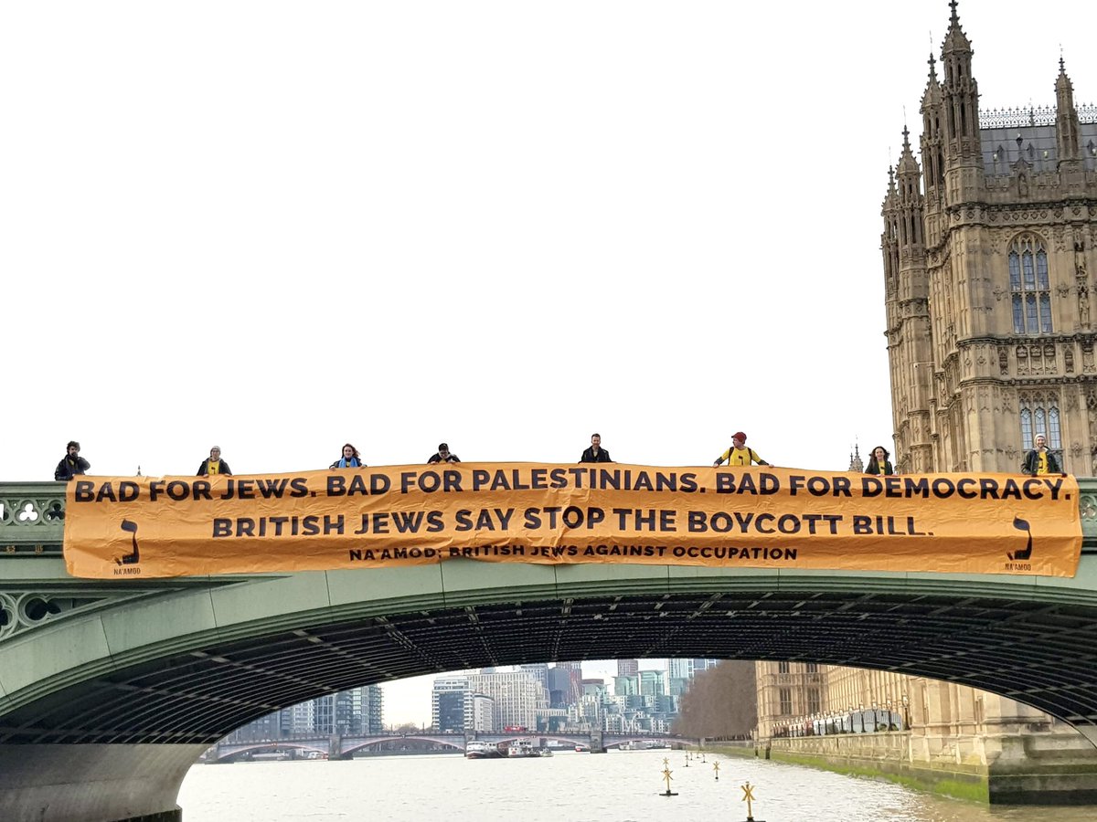 NaamodUK's tweet photo. BREAKING: Na’amod went to Westminster this AM to protest the Govt’s draconian Boycott Bill. The bill will ban non-violent protest for Palestinian human rights &amp; is being justified as a way to ‘protect’ Jewish people. This bad for Jews, bad for Palestinians &amp; bad for democracy! 📣 https://t.co/5SfDlN2fKC