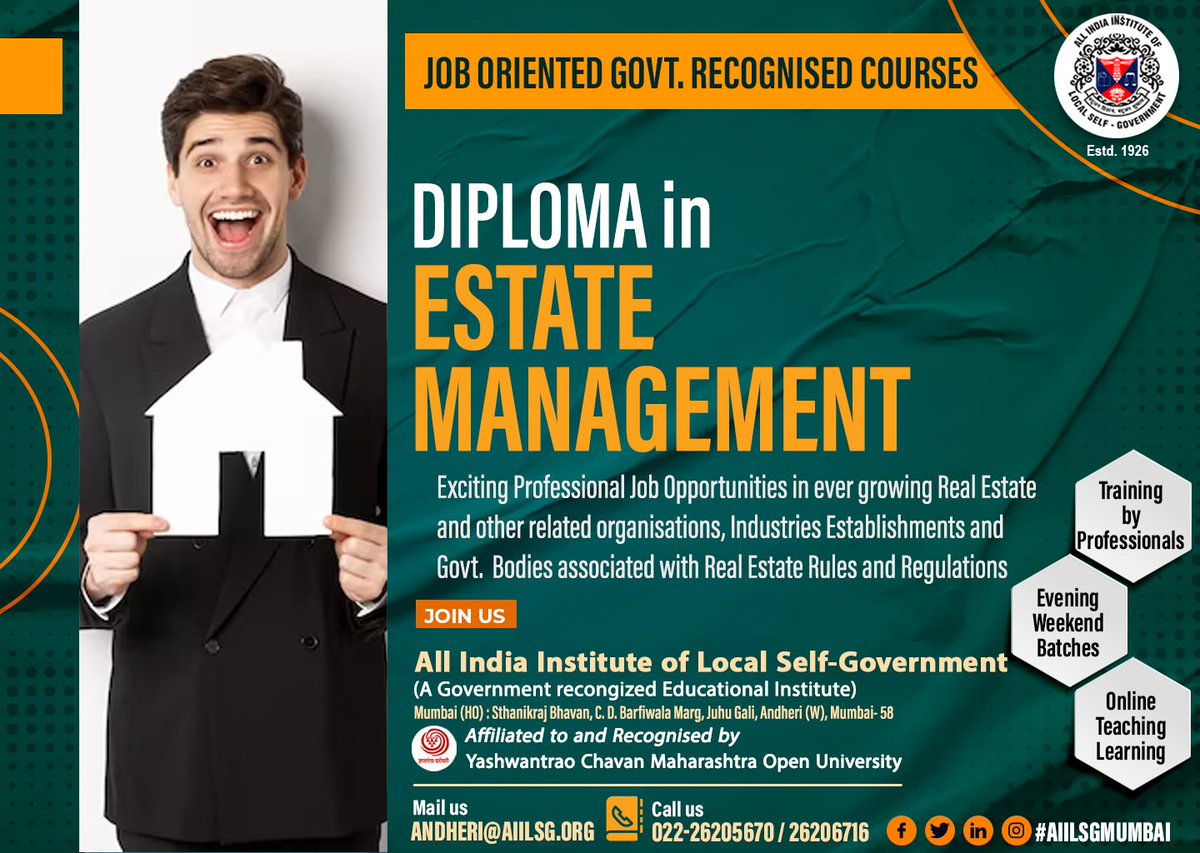Searching for #JobOpportunity? Looking for #CareerGrowth? Join #AIILSG Govt Certified Diploma Courses
‍🏫GIS &amp; REMOTE SENSING
‍🏫FOOD SCIENCE &amp; PROCESSING
‍🏫HOSPITAL MNGT
‍🏫ESTATE MNGT
Online Learning / Training; Weekend Evening Batches
Contact : 022-26205670 andheri@aiilsg.org