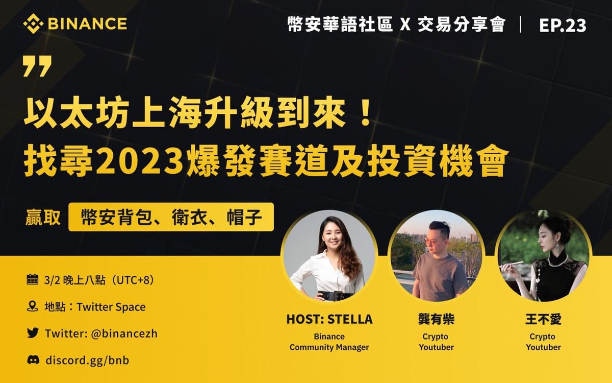 binancezh's tweet photo. 【#币安 交易分享会】以太坊上海升级到来！找寻2023爆发赛道及投资机会

❤️关注 @binancezh
🔁转推+@好友
💥抽3件币安黄色卫衣

🙋现场提问送5个币安背包
⏰3/2 20:00(UTC+8)
锁定spaces👉https://t.co/2KUJfOgevS

🧧🧧Discord加送手续费返现券及币安鸭舌帽

#Binance #ETH #区块链 https://t.co/Ru0rPaFU2p