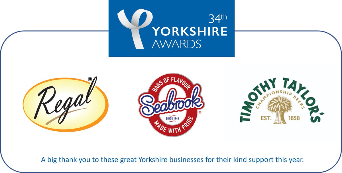 Thank you to these great Yorkshire businesses for their kind support of this year's Yorkshire Awards: @TimothyTaylors @SeabrookCrisps @RegalFoods