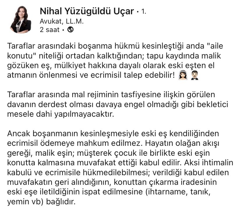 AvTarikCilekci's tweet photo. Taraflar arasındaki boşanma hükmü kesinleştiği anda "aile konutu" niteliği ortadan kalktığından; tapu kaydında malik gözüken eş, mülkiyet hakkına dayalı olarak eski eşten el atmanın önlenmesi ve ecrimisil talep edebilir ⬇️

Yargıtay 8.HD 
2021/1792 K https://t.co/fJQmKX0Tk1