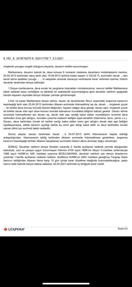 AvTarikCilekci's tweet photo. Taraflar arasındaki boşanma hükmü kesinleştiği anda "aile konutu" niteliği ortadan kalktığından; tapu kaydında malik gözüken eş, mülkiyet hakkına dayalı olarak eski eşten el atmanın önlenmesi ve ecrimisil talep edebilir ⬇️

Yargıtay 8.HD 
2021/1792 K https://t.co/fJQmKX0Tk1