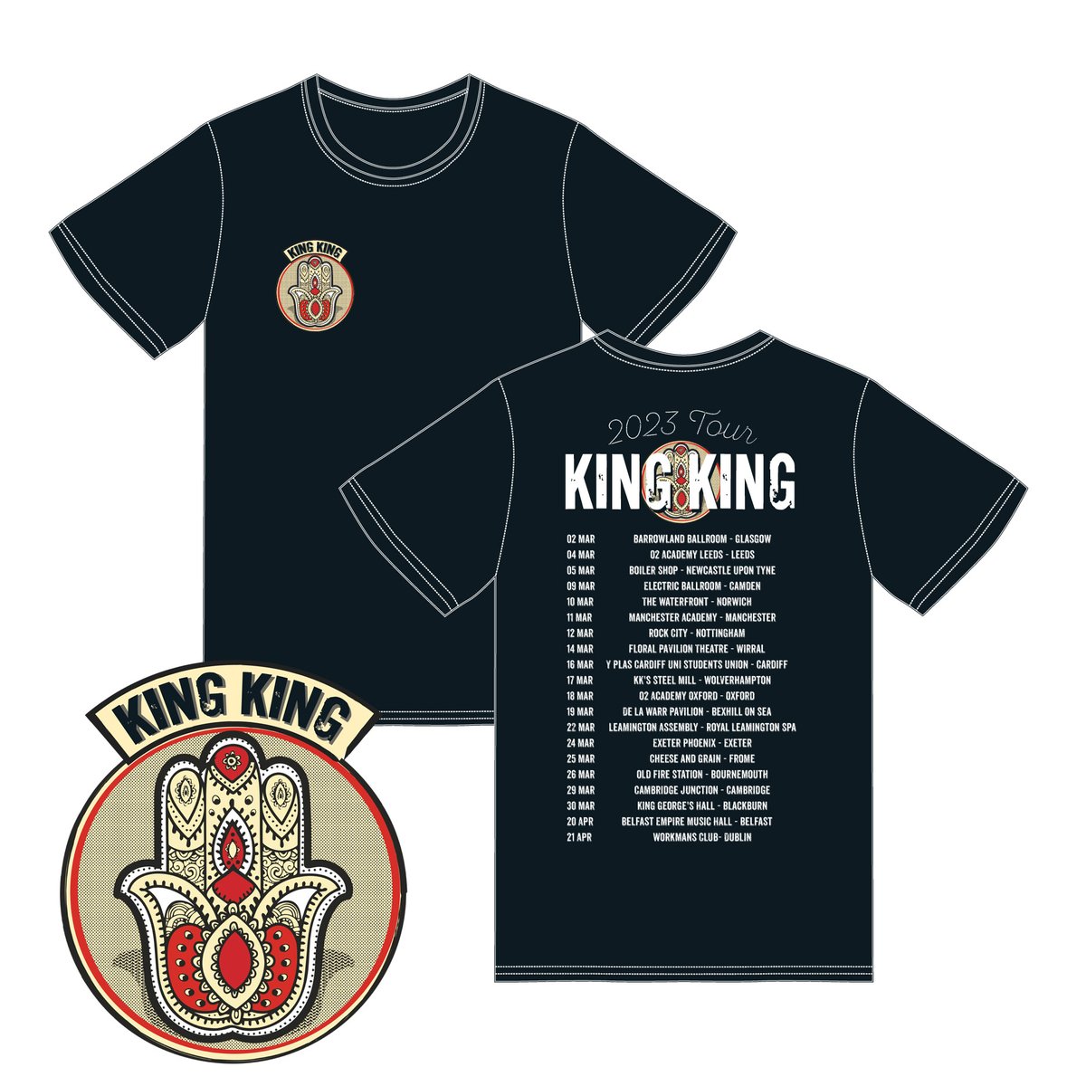 New tour 'hamsa hand' T Shirt available at the merch store starting this Thursday in Glasgow. The T is a tribute to the 2017 Exile &amp; Grace album.
Get your ticket for the show closest to you here 
🎟️ bit.ly/KingKing_
<a href="/PlanetRockRadio/">Planet Rock</a>  <a href="/thegigcartel/">The Gig Cartel</a>