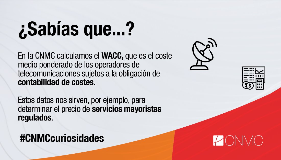 CNMC_ES's tweet photo. #SabíasQuéCNMC | El #WACC es una metodología de cálculo de la @EU_Commission y nos sirve, por ejemplo, para determinar el precio de los servicios mayoristas de #telecos regulados.📡

➕en #CNMCBlog: https://t.co/8aLgx7oDww https://t.co/aTyHsmeW5X