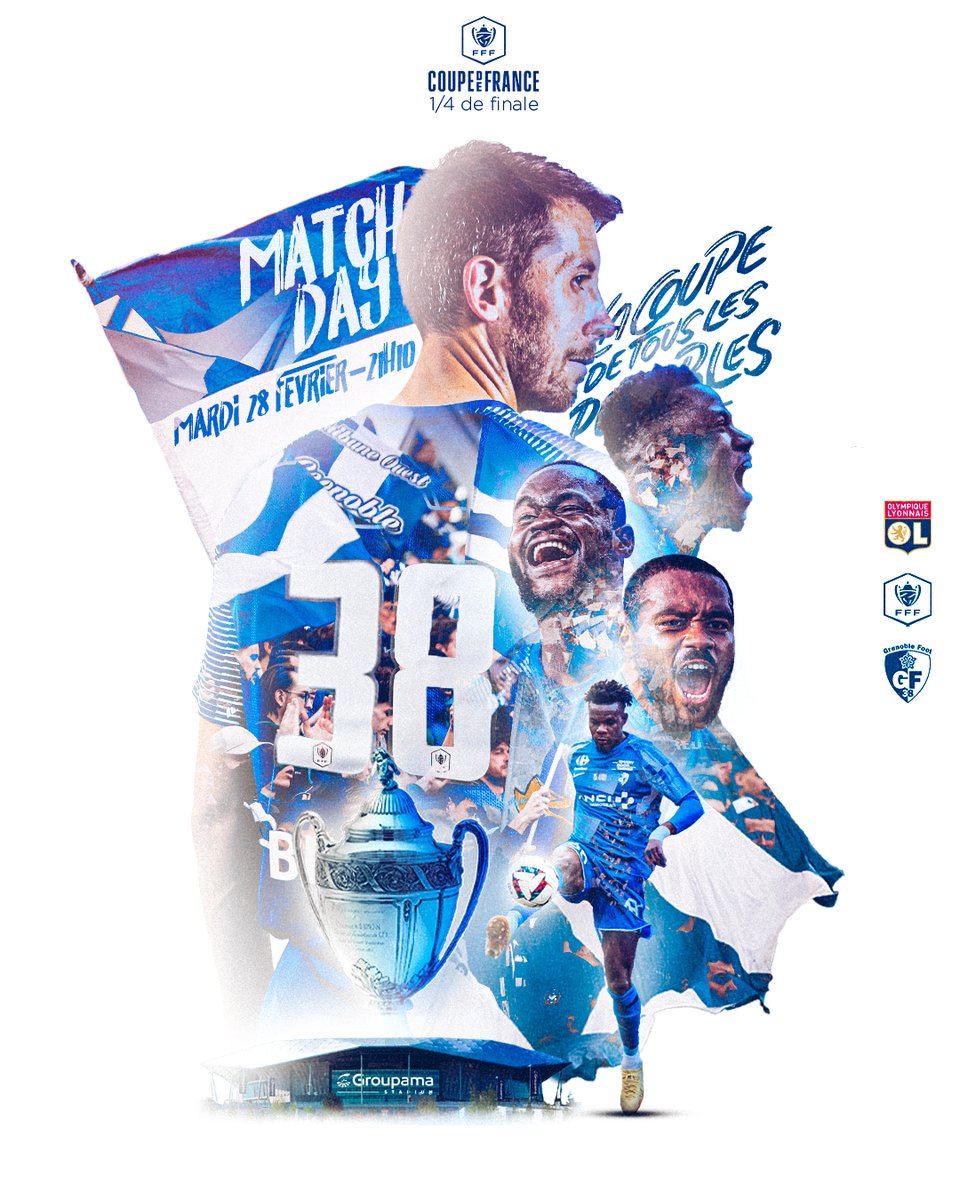 GF38_Officiel's tweet photo. ⚽️ 𝙈𝘼𝙏𝘾𝙃𝘿𝘼𝙔 ⚽️

🏆 1/4 de finale @coupedefrance 
🆚 @OL 
⌚️ 2⃣1⃣H1⃣0⃣
🏟 Groupama Stadium
📺 @beinsports_FR &amp; @France2tv 
📲 #OLGF38 

Ecrire l'histoire 💙🤍

#EnsembleGagnonsLesSommets https://t.co/onEmOpd0Qd