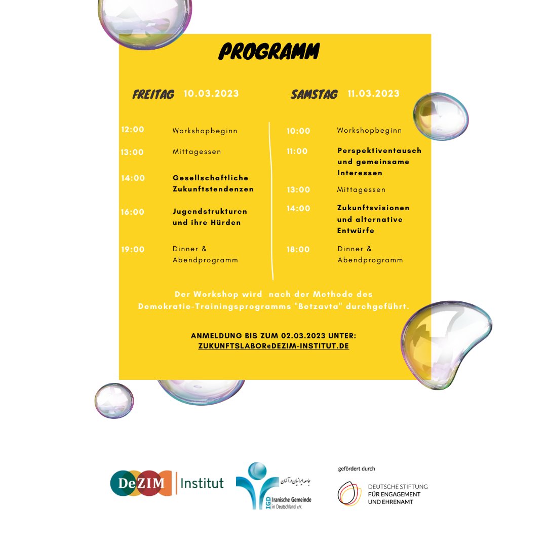 Das <a href="/DezimInstitut/">DeZIM-Institut</a> und die <a href="/iranische/">Iranische Gemeinde in Deutschland e.V.</a> Gemeinde in Deutschland e.V. laden am 10. und 11.03.23 zum Workshop "Junges Engagement der Zukunft" nach Berlin. Anmeldung bis 02.03. unter ZUKUNFTSLABOR@DEZIM-INSTITUT.DE. Reisekosten werden übernommen. Weitere Infos: iranischegemeinde.org/2023/02/16/jun…