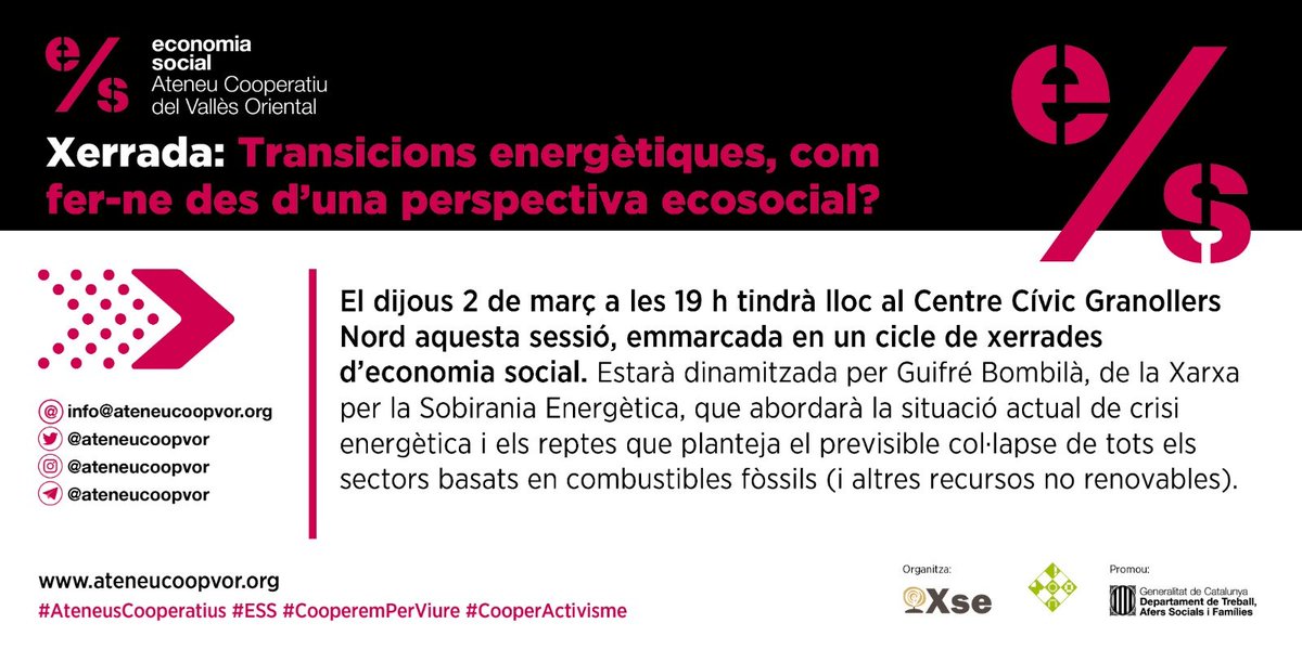 Dijous serem a #Granollers parlant de "Transicions energètiques, com fer-ne des d'una perspectiva social?"

💡 Abordarem la situació de #CrisiEnergètica i com podriem arribar a un model just

🗓 Dijous 2 de març a les 19h
📍 Centre Cívic Granollers Nord (C/Lledoner 6, Granollers)