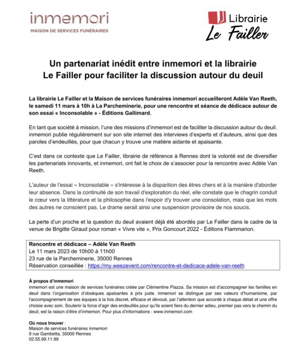 📚🤝 Heureux de vous annoncer le partenariat entre #inmemori et <a href="/lefailler/">Librairie Le Failler</a> pour faciliter la discussion autour du #deuil. 
👉 Nous recevrons <a href="/AdeleVanReeth/">Adèle Van Reeth</a> le 11/03 pour son essai #Inconsolable <a href="/Gallimard/">Gallimard</a> qui s’intéresse notamment à la manière d’aborder l’absence des êtres chers.