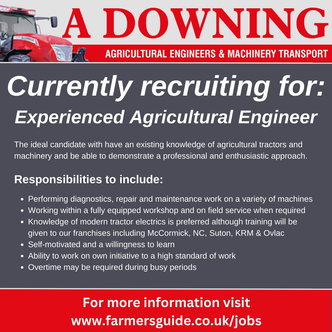 Andrew Downing Agricultural Engineers & Machinery Transport is currently recruiting for an Experienced Agricultural Engineer 🛠 

For more information on this role visit: farmersguide.co.uk/jobs

#farmingjobs  #farmingrecruitment #agriculturaljobs #agriculturalrecruitment