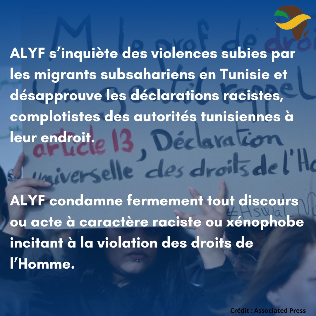 ALYF condemns the racist and anti-migrant declarations of the Tunisian president Kaïs Saïed and recalls that Tunisia is also an African country.

#AVoiceForLiberalYouthOfAfrica 
#StopRacism
#StopXenophobia
#Tunisia