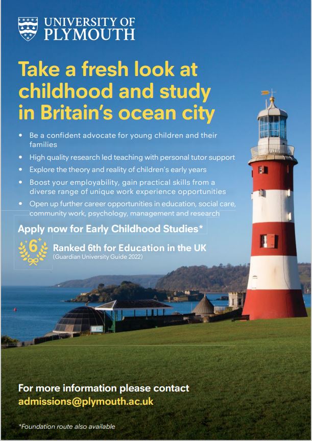 PlymUniIOE's tweet photo. Take a fresh look at Childhood and Study in Britain's ocean city and read what Kelly Kinch (BA Hons Early Childhood Studies) says about her time with us.
@PlymUni @PlymUniIOE @PlymUniApply @ECS_PlymUni @youpickUPIC https://t.co/raxahMwuyL