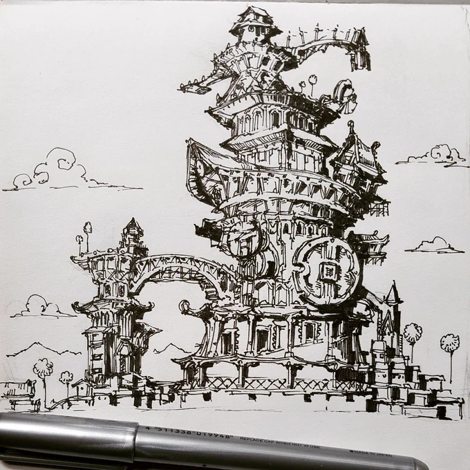 前に描いた背景アイデア画謎い建物って好きなんですよね～#ペン画 #鉛筆画 #背景画 