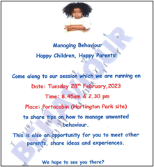 Dear parent/carer please join us for our Happy Children/Happy Parent sessions today 8.45am and 2.30pm. The sessions are around managing your child’s behaviour. #earlyyears #earlyintervention