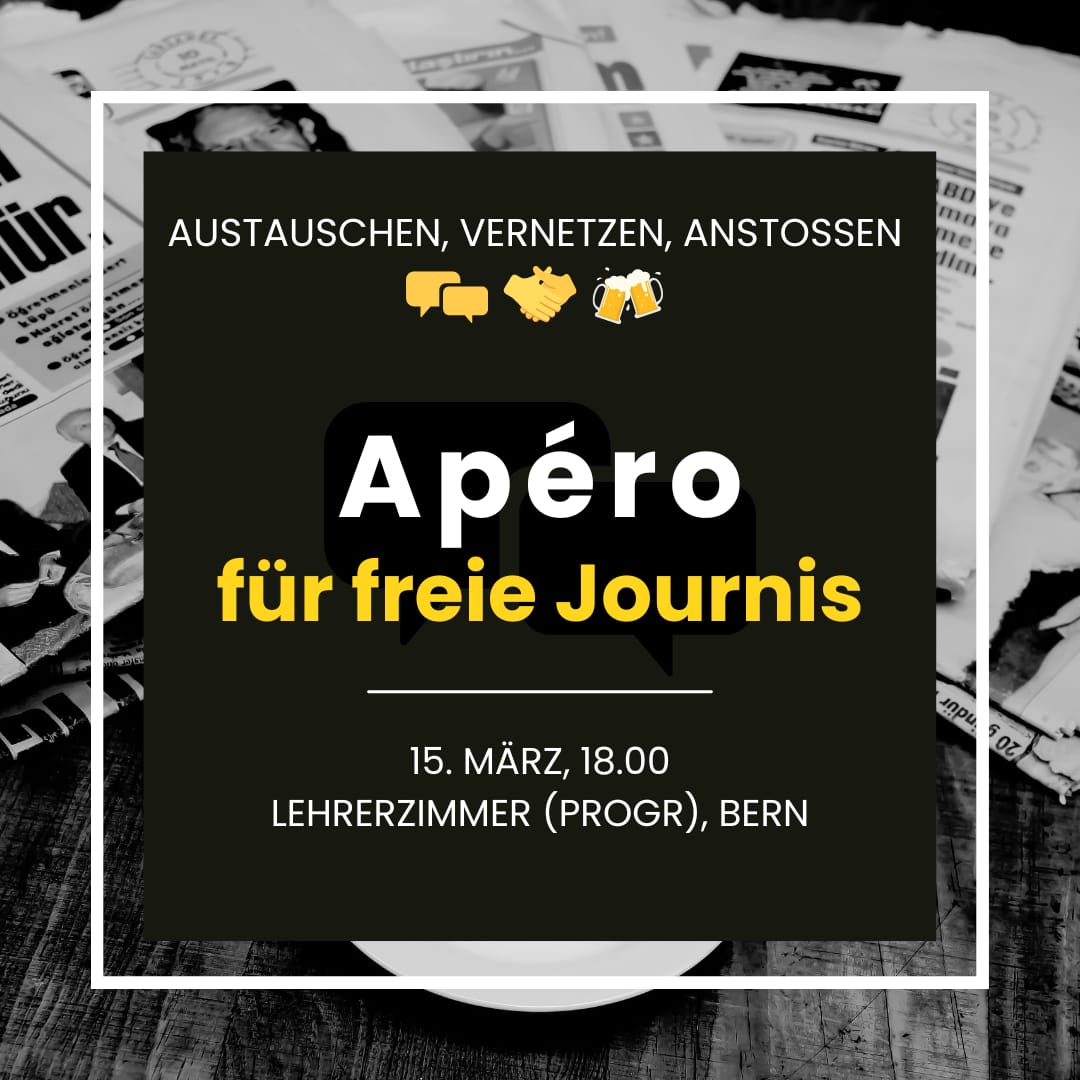 Hey freie Journis, Lust auf Austausch, Vernetzung und Anstossen? <a href="/ch_zeier/">Christian Zeier</a>, <a href="/KaWenger/">Karin A. Wenger</a> und ich würden gerne weitere Gleichgesinnte besser kennenlernen. Am 15. März in Bern - das erste Getränk geht auf unsere Kosten (respektive auf @syndicom_de, danke für die Unterstützung 😉)