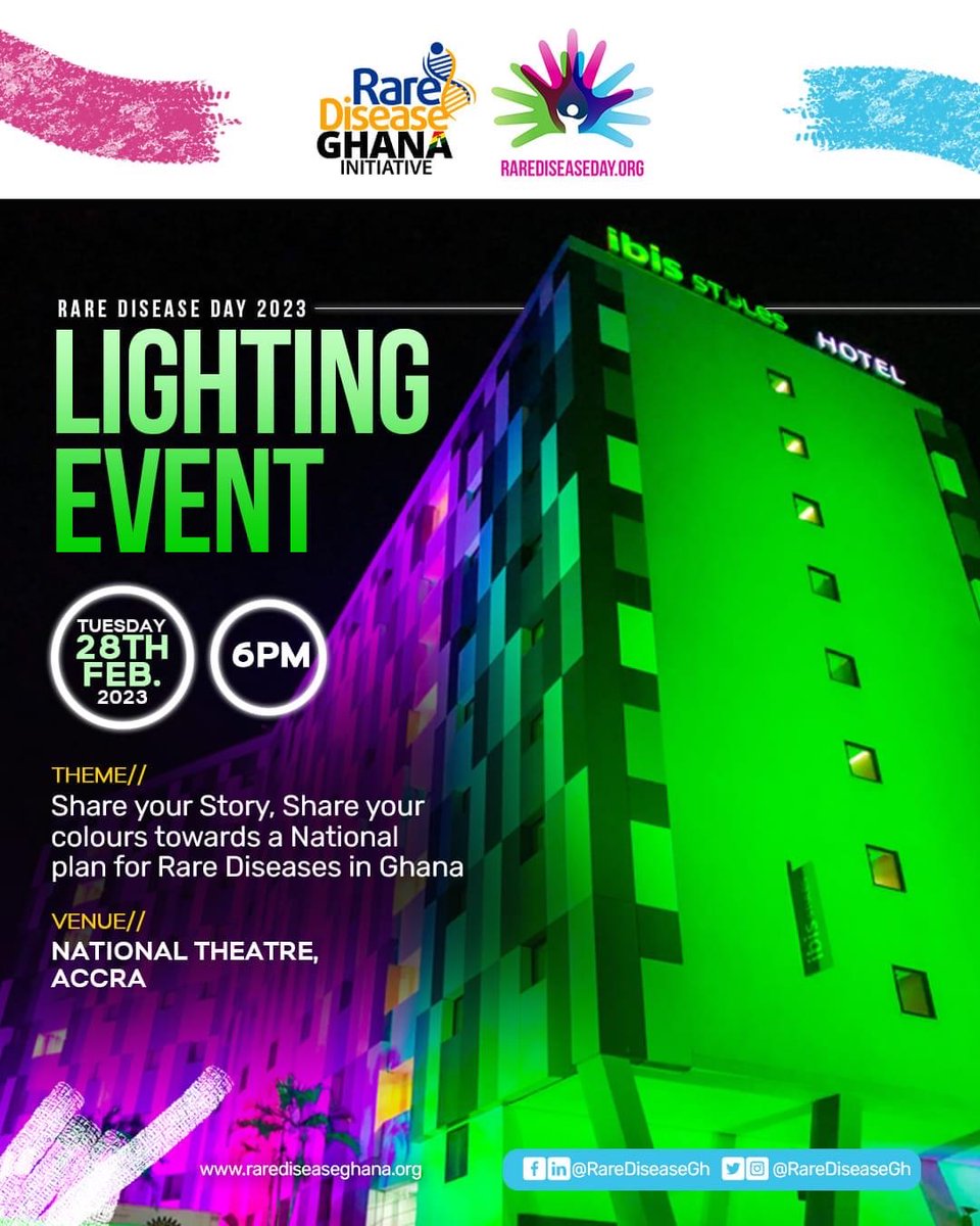 Today is #RareDiseaseDay. We join the world as part of the #globalchainoflights to light up the #NationalTheatre in solidarity to persons living with #rarediseases in Ghana. Join us as we share our colors towards a national plan for rare diseases in Ghana.