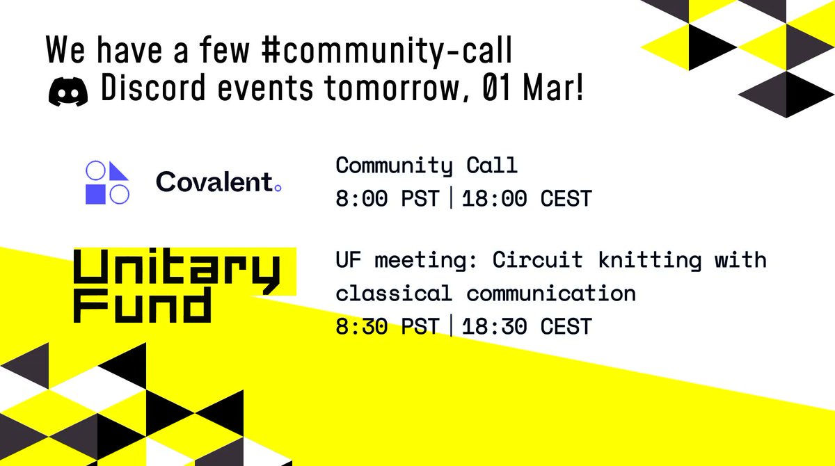 unitaryfdn's tweet image. We have a few #communitycall Discord events tomorrow, 01 Mar! Join us as we learn more about Covalent with the Agnostiq team and Circuit knitting with classical communication with the UF team!

#opensource #quantumcommunity