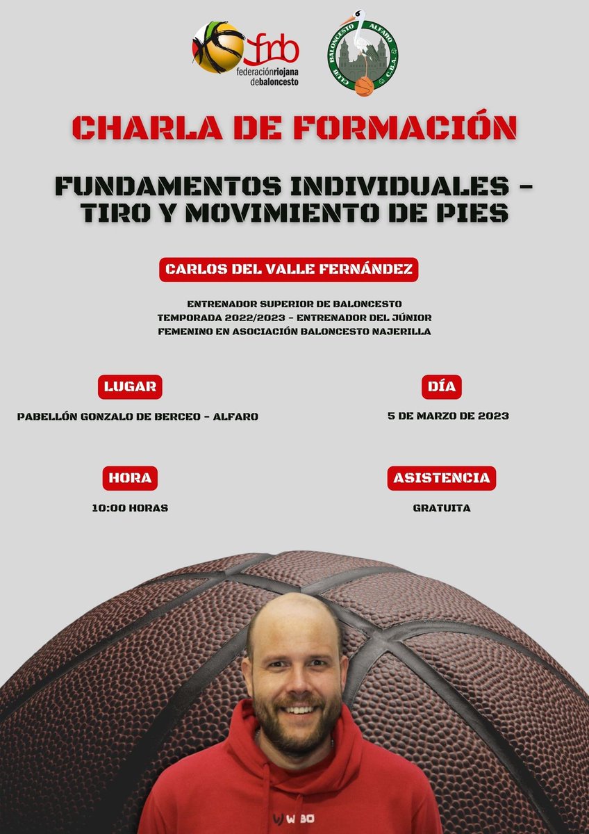 Este domingo… ¡nos formamos!

Gracias a la Federación Riojana de Baloncesto, recibimos una charla con Carlos del Valle sobre fundamentos individuales y el tiro y movimiento de pies.

Desde las 10.00 en el pabellón del instituto, os esperamos a todos los interesados