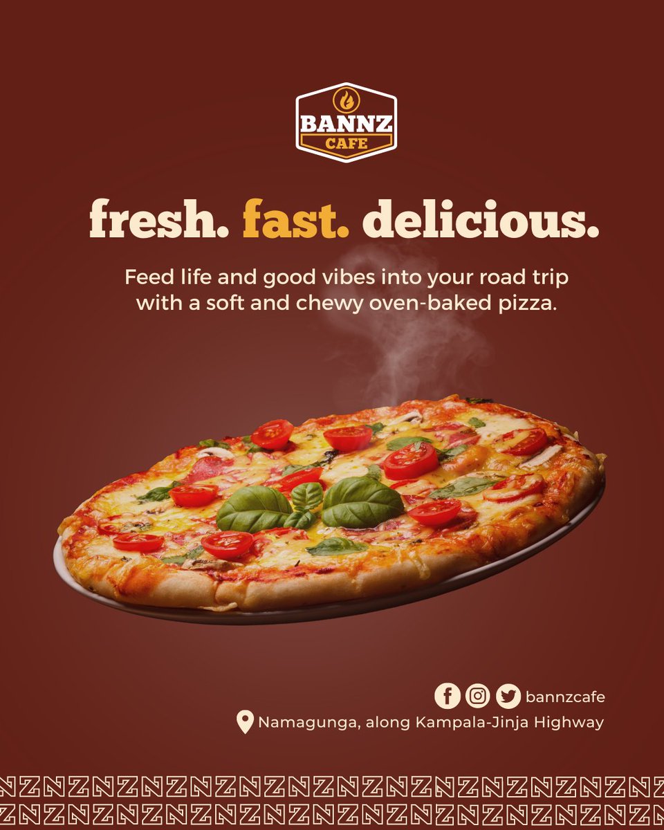 BannzCafe's tweet photo. Pizza cravings? We've got you covered at @BannzCafe 

Make a pit-stop along the Jinja-Kampala Highway and treat yourself to our irresistible Pizza☺️🍕 https://t.co/b1gSAOKAfj