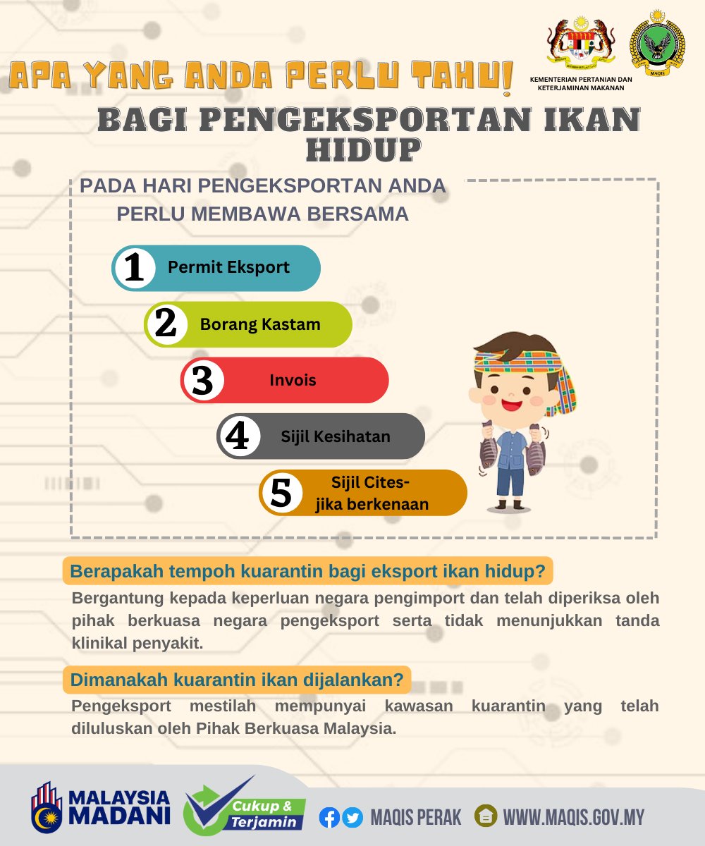 MaqisPerak's tweet photo. Apa yang anda perlu tahu bagi menjalankan aktiviti eksport atau angkut ikan hidup yang wajib dipatuhi sebagai pengeksport.

#MAQISMalaysia
#maqisperak
#cukupdanterjamin https://t.co/FfRN24uwxM