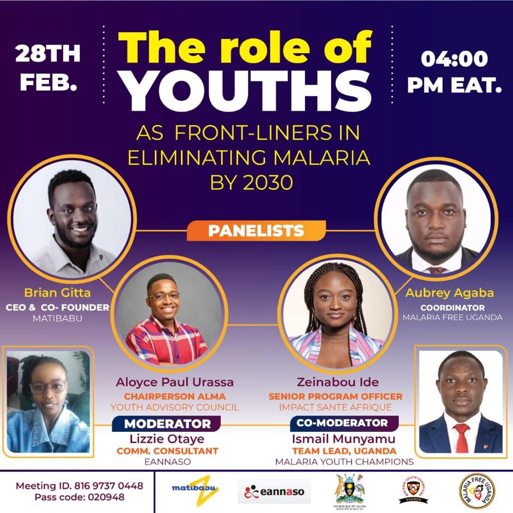 ‼️ REMINDER ‼️ 

Let's talk about #malaria webinar 

The Role of #youth as front-liners in eradicating malaria by 2030

Join us for our UPCOMING WEBINAR for an in-depth discussion, today 28th February 2023 at 16:00 hours