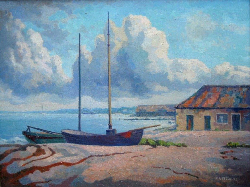 I thought I'd start today with 'Aldeburgh' by Walter Steggles which features in our show @LighthousePoole now & until 08/04/23 (Tues-Sat: 10am-8pm: free entry). The view was taken from Slaughden Quay, looking North towards Aldeburgh with the River Alde to the left #WalterSteggles