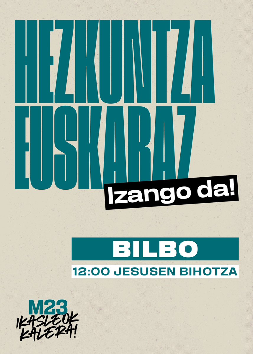 Gaztealdia's tweet photo. #M23Kalera| 𝙃𝙚𝙯𝙠𝙪𝙣𝙩𝙯𝙖 𝙚𝙪𝙨𝙠𝙖𝙧𝙖𝙯 𝙞𝙯𝙖𝙣 𝙗𝙚𝙝𝙖𝙧 𝙙𝙖.

Hilabete baino gutxiago gelditzen da Euskal Herriko lau hiriburuetan dagokigun hezkuntza euskalduna aldarrikatzeko⤵️

📍Bilbo•Jesusen Bihotza
📍Gasteiz•Elurreta
📍Iruñea•Antoniutti
📍Donostia•Bulebarra https://t.co/soJ7zU2UtN