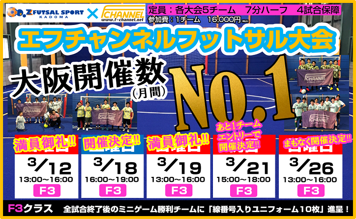 ZFS_kadoma's tweet image. 2月26日（日）#フットサル 大会結果報告！！
優勝は「KFBC」さん
ミニゲーム優勝は「OGASSA神風」さん！！
おめでとうございます😆
フットサル大会は毎月開催中！！
zfutsal.com/kadoma/cup
#KFBC #友安 #大胸筋ファイターズ #OGASSA神風 #たらんちゅた #エフチャン