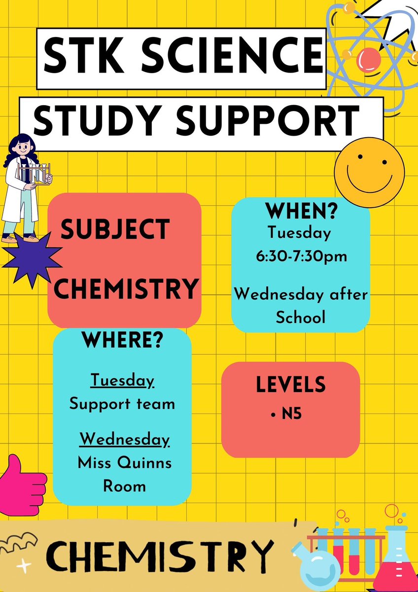 StKentsSci's tweet image. Study support is available each week in the following subject areas and levels. Always keen to #supportlearning and help learners #achievethebestoutcomes #stkway