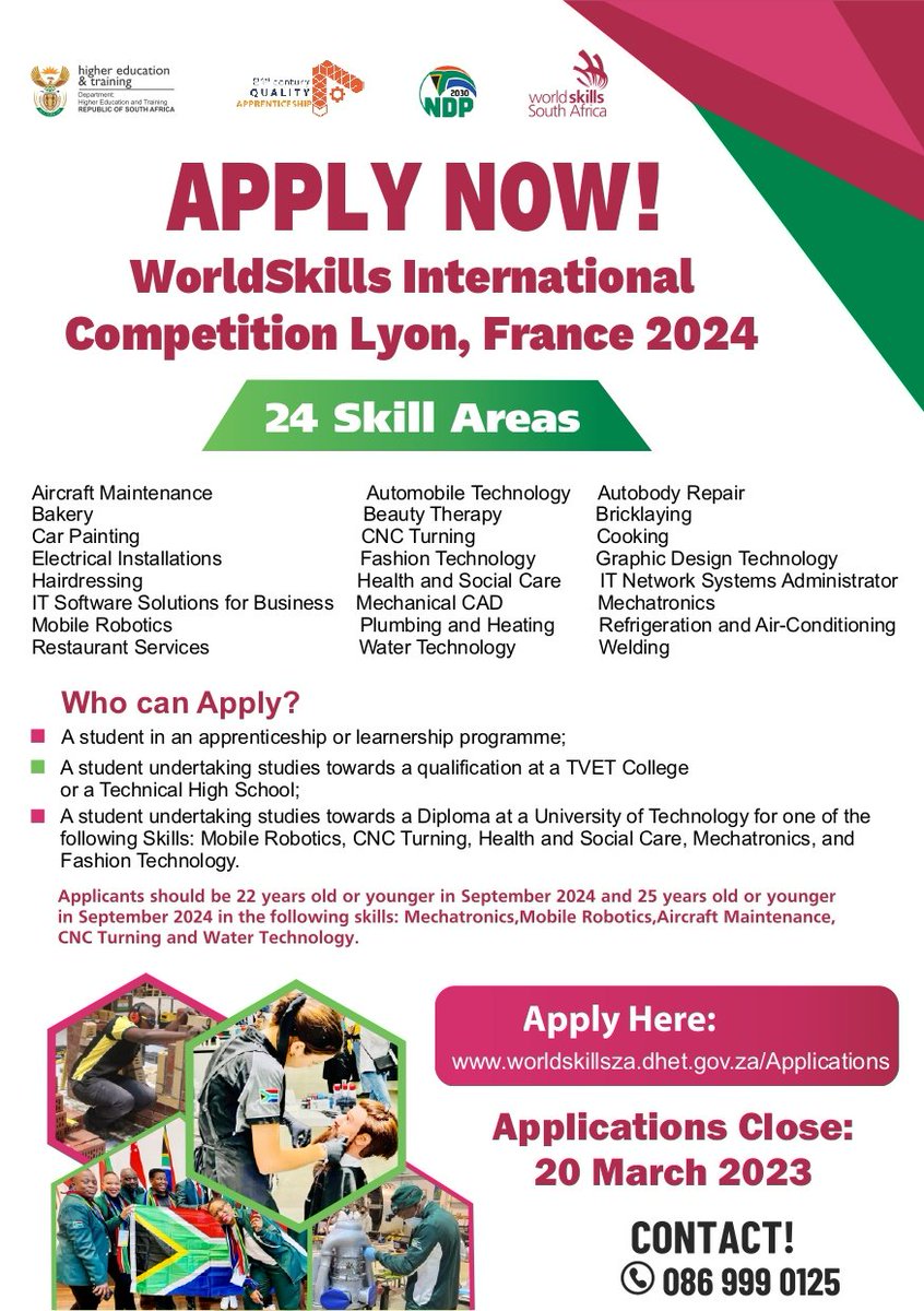 Apply Now!

WorldSkills International Competition Lyon, France 2024.

Applications Close: 20 March 2023 
#worldskills2024 #skillsdevelopment #france