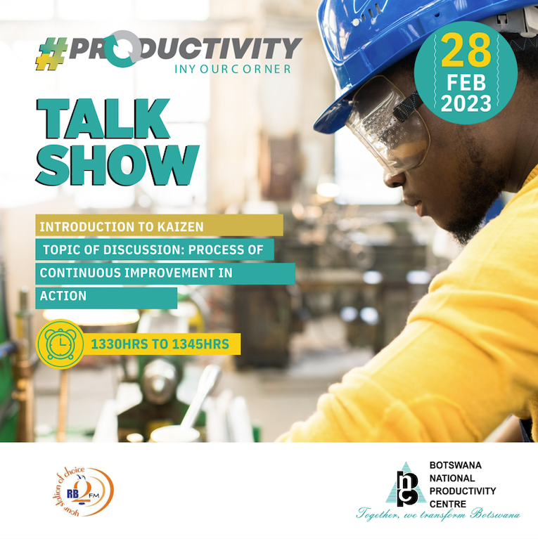 BNPC_BW's tweet photo. The Botswana National Productivity Centre is please to be hosting another series of #ProductivityinyourCorner engagements. This afternoon we will be talking Kaizen / Lean Management on @rb2fm.

Time: 1330hrs - 1345hrs https://t.co/1RxhYKL23L