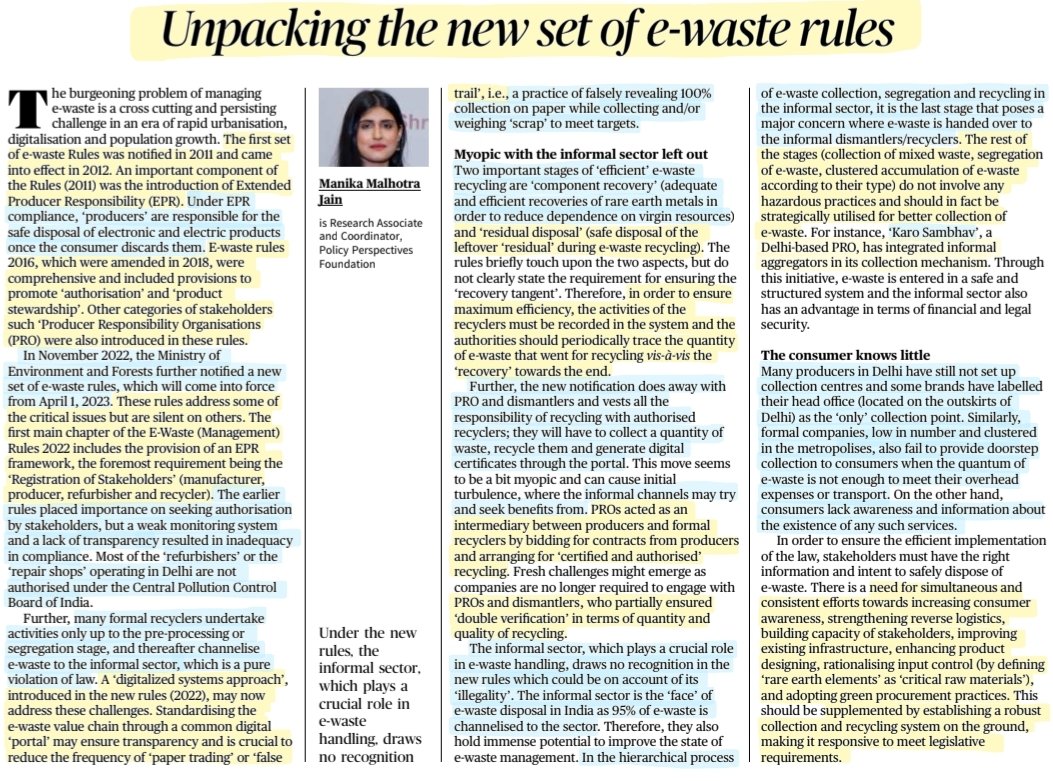 'Unpacking the new set of e-waste rules'
:Well explained with imp info by Ms Manika Malhotra Jain

#Ewaste #rules #electronics #electrical #waste #EPR #recycling #refurbishing #disposal 
#informalSector

#UPSC #UPSC2023 #upscprelims #UPSCPrelims2023 

Source:TH