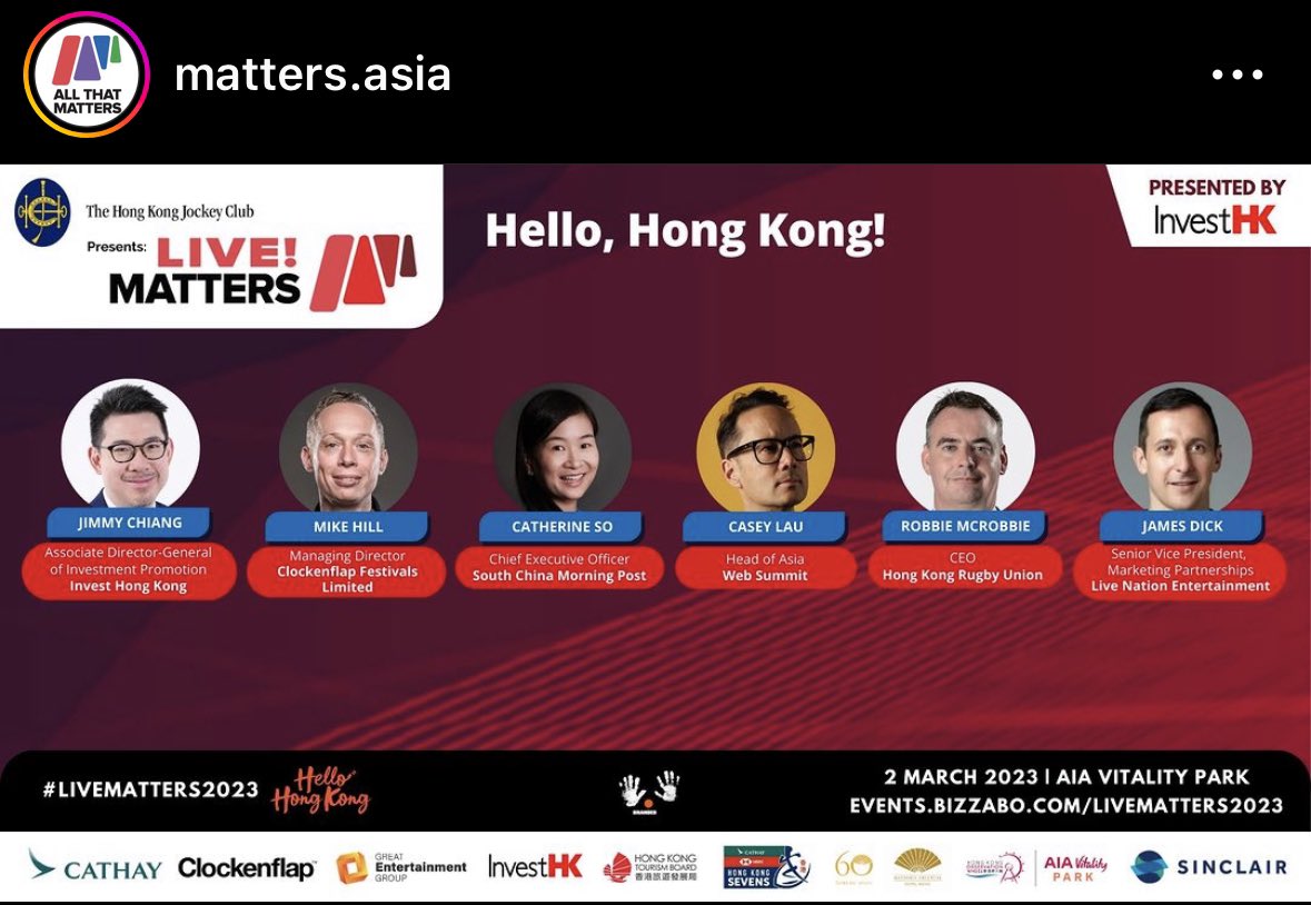 casey_lau's tweet photo. And of course #livematters on March 2 will have something really exciting to discuss on our “Hello, Hong Kong!” panel @mattersasia with @RISEConfHQ @LiveNation @HongKongRugby @SCMPTech https://t.co/KrPQFGjNgt