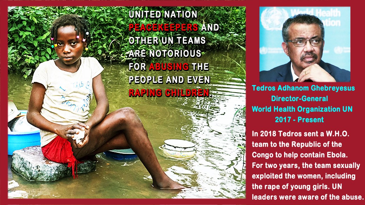 RSKellner's tweet photo. #DrTedros of #WorldHealthOrg, was “humbled, horrified, and heartbroken” when his #Congo team raped little #girls during the latest #Ebola outbreak. To soothe poor #Tedros’ broken heart, the bungling #UN gave him ANOTHER five years, through 2027, to rule over #pandemics.
#Who https://t.co/kSjQMHY1Z0