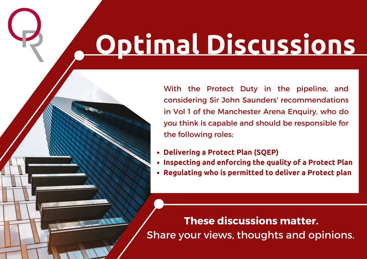 In this week's #OptimalDiscussions, we focus upon the impending #ProtectDuty, & the advice laid out by Sir John Saunders. 

Check out our question & tell us what you think is important to ensure #protection against the most severe #security risks.

#securityindustry