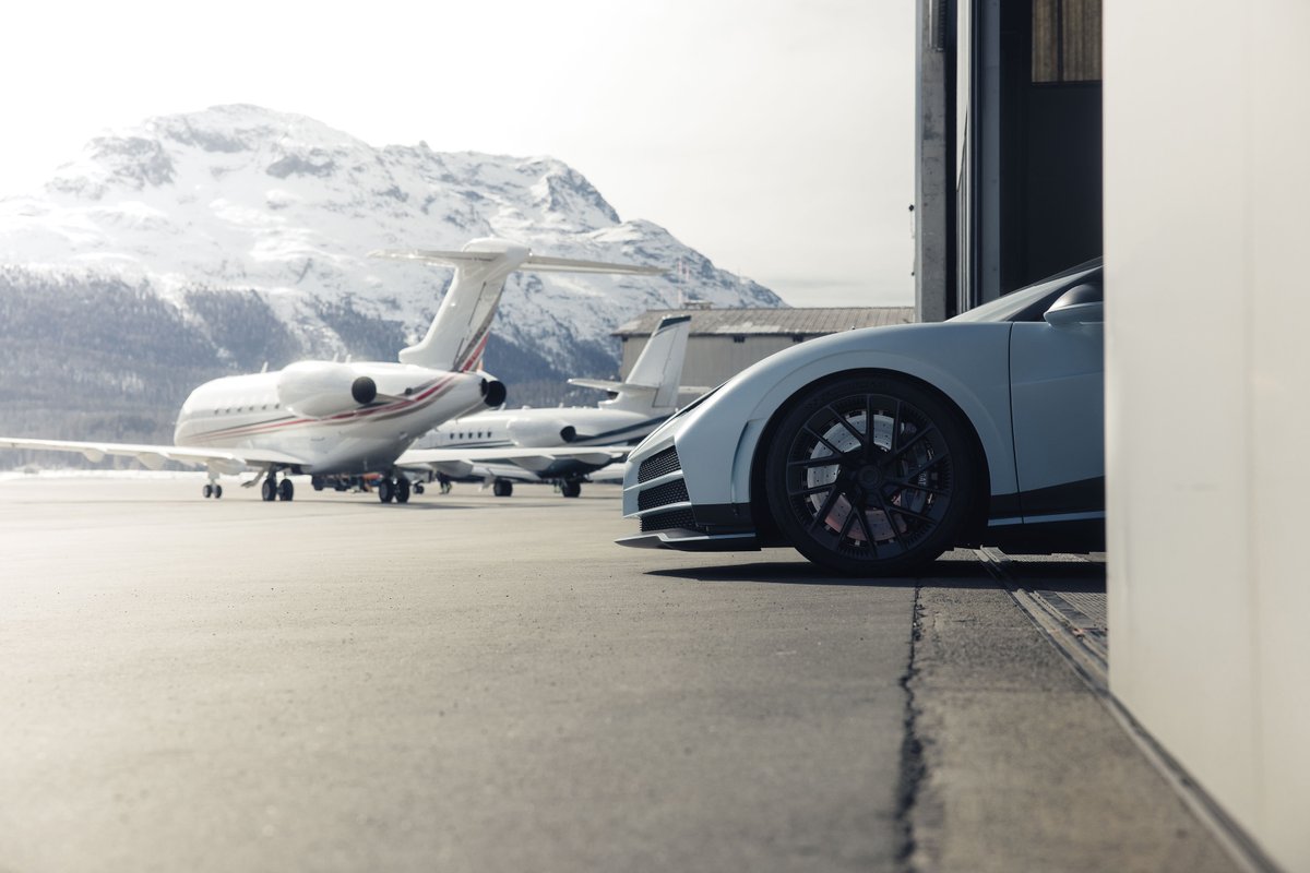 Bugatti's tweet image. As jet aircrafts from around the world descend upon St. Moritz, one of BUGATTI’s coach-built models, the CENTODIECI, showed up at Engadin airport for a tête-a-tête with its counterparts of the skies. @stmoritz_ch

#BUGATTI #CENTODIECI
–
bugatti.link/consumption