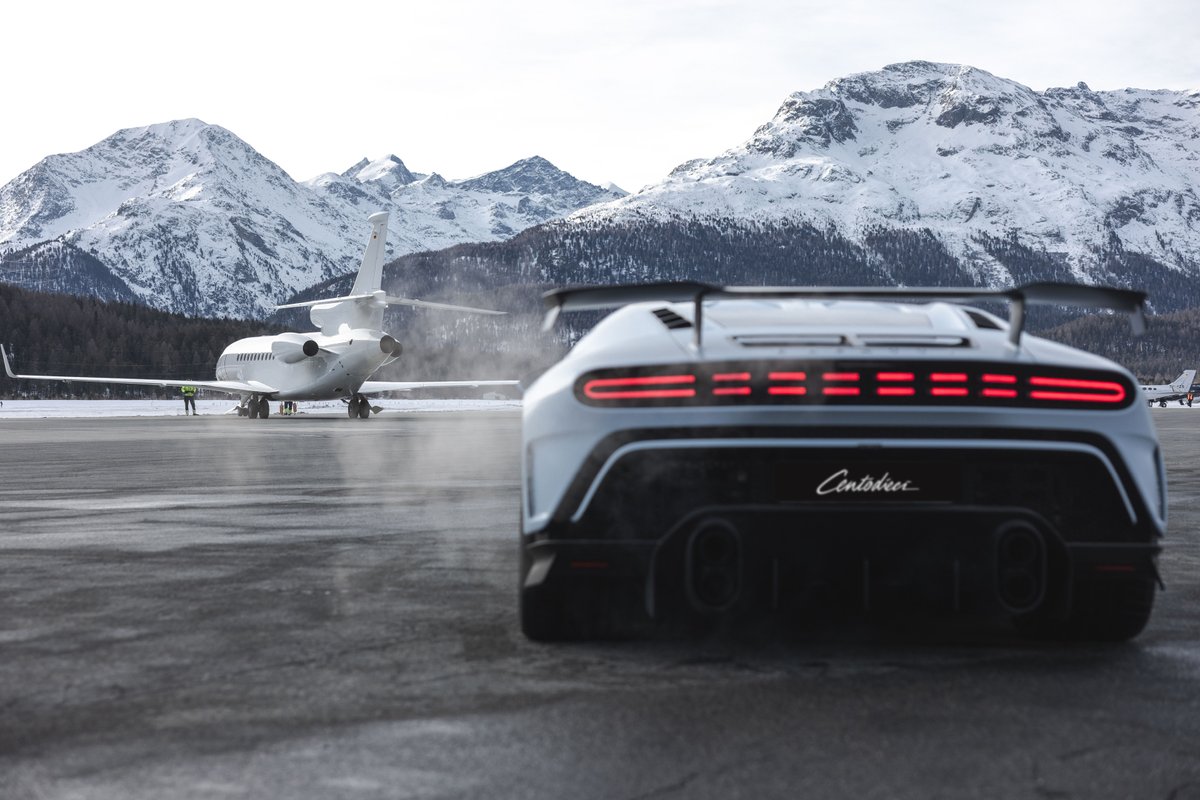 Bugatti's tweet image. As jet aircrafts from around the world descend upon St. Moritz, one of BUGATTI’s coach-built models, the CENTODIECI, showed up at Engadin airport for a tête-a-tête with its counterparts of the skies. @stmoritz_ch

#BUGATTI #CENTODIECI
–
bugatti.link/consumption