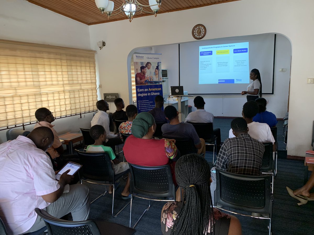 MobileWebGhana's tweet photo. “Webster University is in ten (10) countries and on four (4) continents”. 

Currently we have reps from Webster University leading a discussion on how to explore the opportunities available at Webster University. 

#studyabroad #edusa #intakegh #webster https://t.co/oJzlGurX59