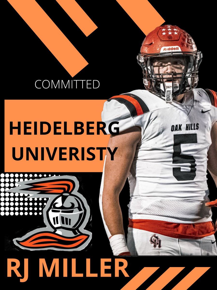 WE at <a href="/OakHillsFB/">Oak Hills Football</a> are super proud to announce another standout commitment from the class of 2023 <a href="/23RJ_Miller/">RJ Miller</a> to <a href="/BergFootball/">Heidelberg Football</a>.  <a href="/ohstrength/">OHSTRENGTH</a> <a href="/OHLSD/">Oak Hills Schools</a> <a href="/OakHills_HS/">OHHS Highlanders</a> <a href="/OHBoosters/">Oak Hills Athletic Boosters</a>