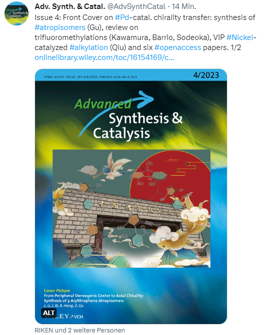 AdvSynthCatal's tweet photo. #OpenAccess papers in Issue 4: #Au-cat. #alkynylation(Michelet), #photocatalyzed #esterification(De Luca), cyclic #sulfoximine and #sulfonimidamide(Bolm), #diaryliodonium salts(Postnikov, Nachtsheim), #Y-cat. #amination(Hultzsch), #photoredox #dehydrogenation(Jain, Kรถnig). 2/2 https://t.co/7TYRCPsNqg