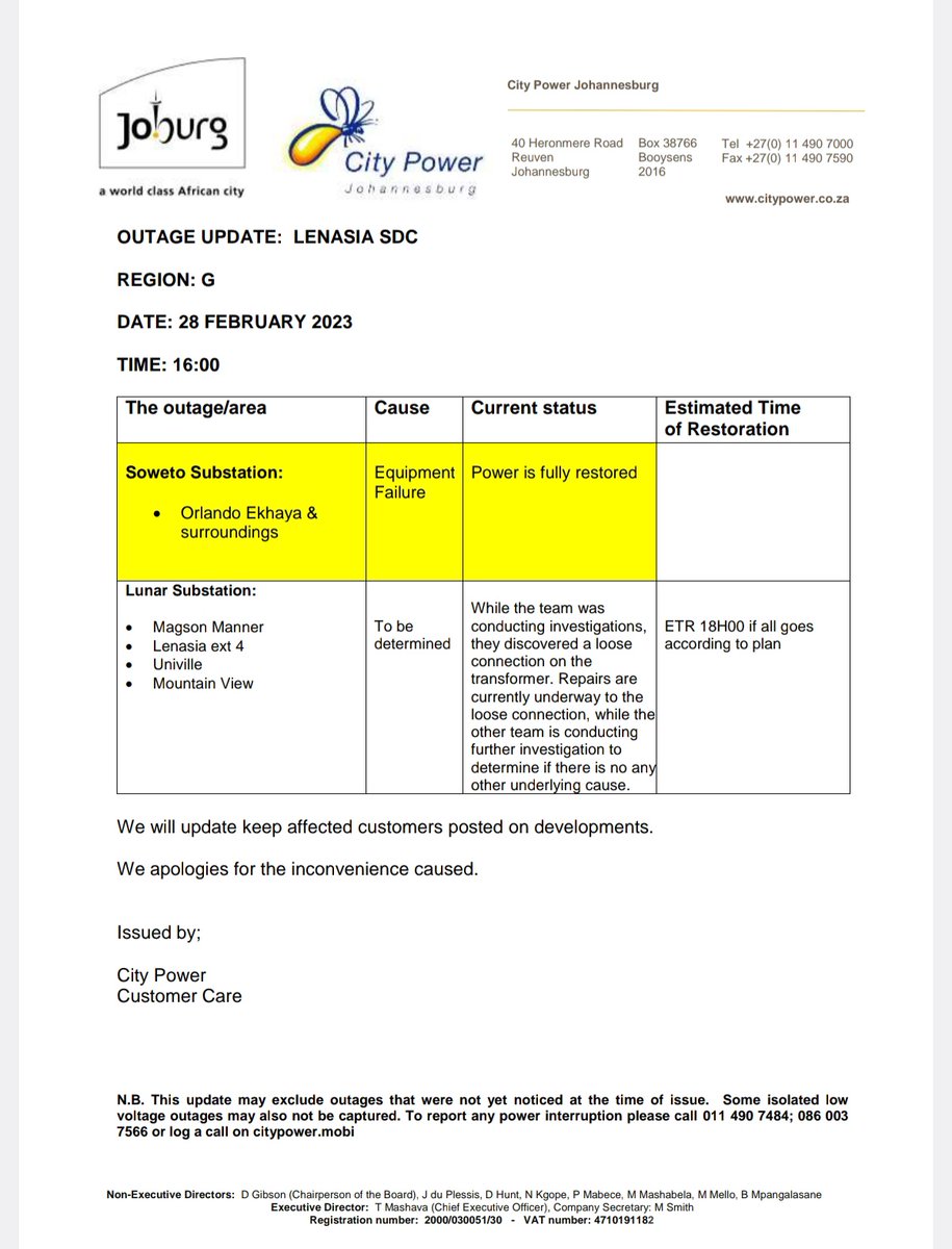 CityPowerJhb's tweet photo. #UPDATE
#LenasiaOutages
#SowetoSub power is fully restored ^HN https://t.co/AcusWvuMWW