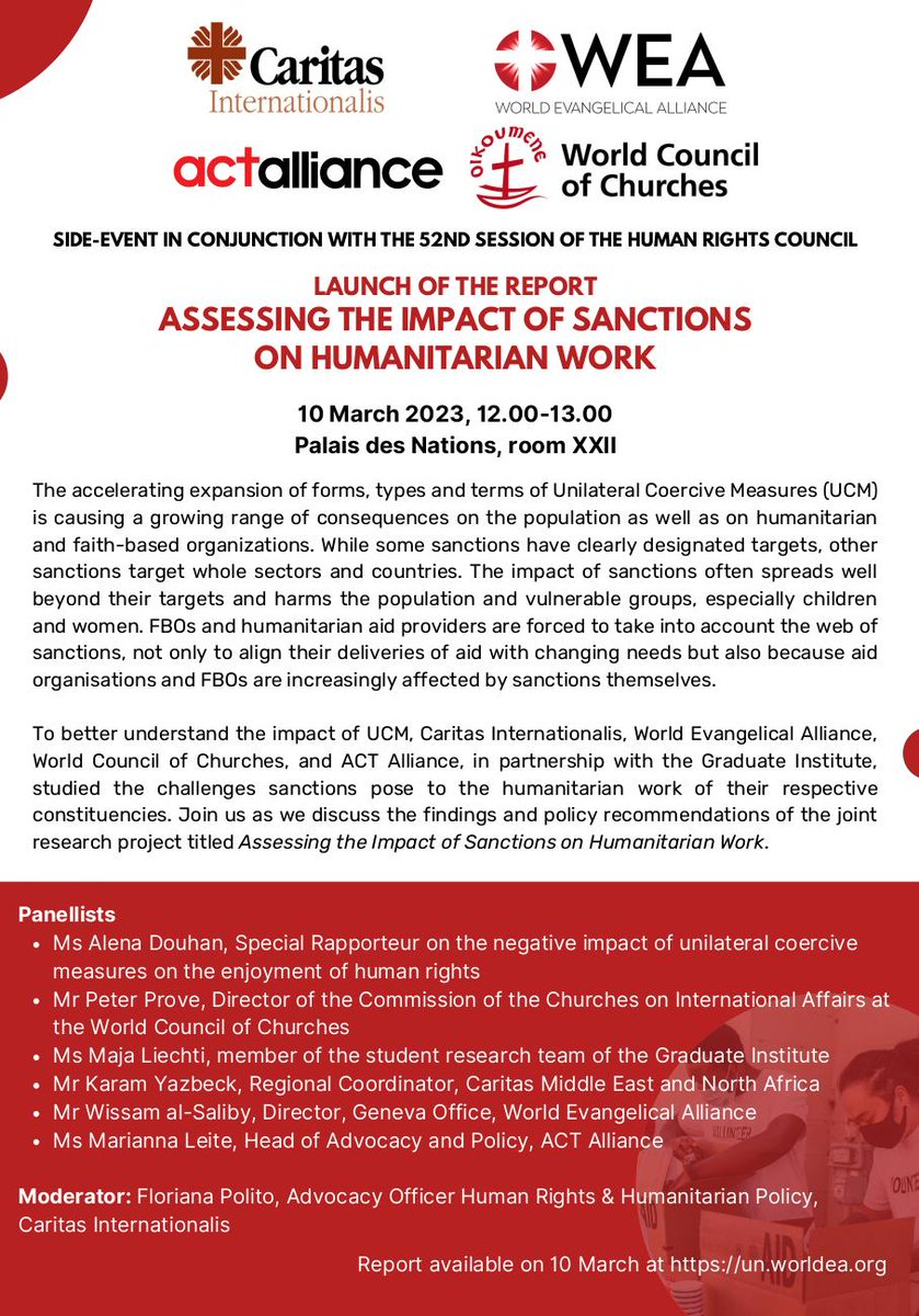 You are all warmly invited to an in-person launch of a joint report on the impact of sanctions on humanitarian work. The event will take place on Friday, 10 March 2023, 12.00-13.00 - Palais des Nations, room XXII. See more below: