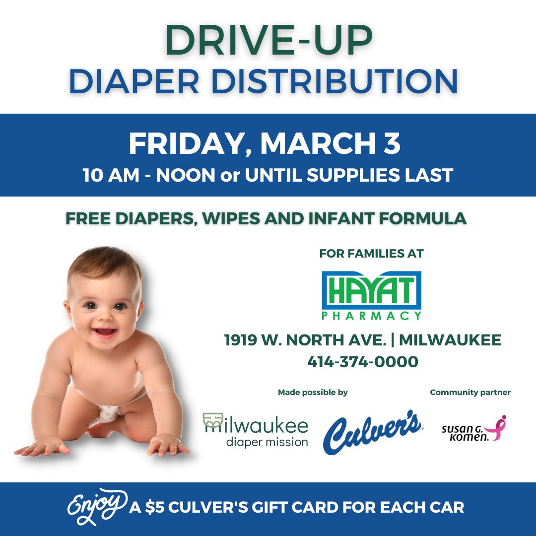 Families are invited to a @MKEdiaper Drive-Up Diaper Distribution on March 3 from 10 a.m.-noon (or until supplies last) at our 1919 W. North Ave. pharmacy. Receive #diapers, wipes and #infantformula to keep baby dry and healthy, plus a $5 @culvers card for each car!